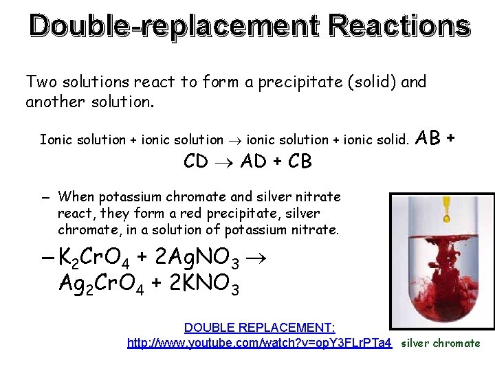 Double-replacement Reactions Two solutions react to form a precipitate (solid) and another solution. Ionic