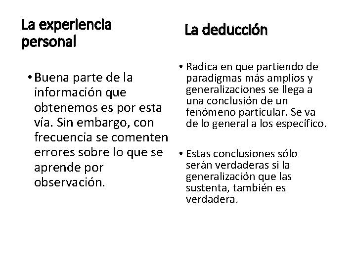 La experiencia personal La deducción • Radica en que partiendo de paradigmas más amplios