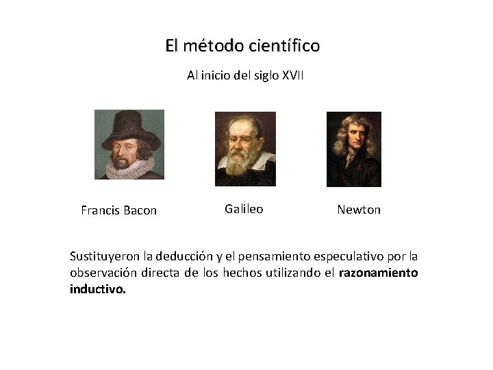 El método científico Al inicio del siglo XVII Francis Bacon Galileo Newton Sustituyeron la