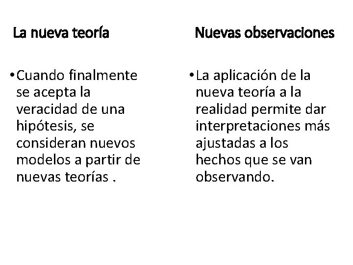 La nueva teoría • Cuando finalmente se acepta la veracidad de una hipótesis, se