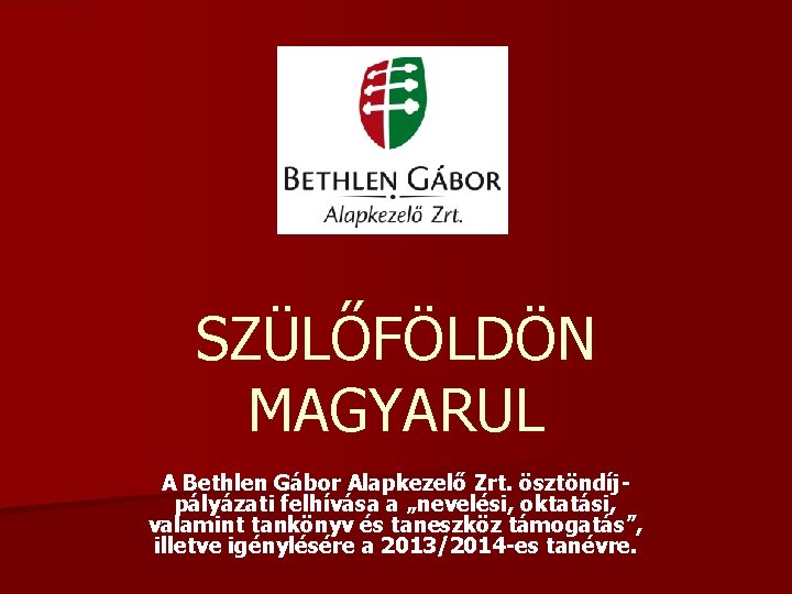 SZÜLŐFÖLDÖN MAGYARUL A Bethlen Gábor Alapkezelő Zrt. ösztöndíjpályázati felhívása a „nevelési, oktatási, valamint tankönyv