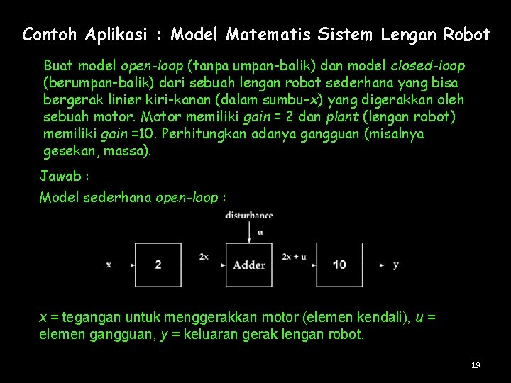 Contoh Aplikasi : Model Matematis Sistem Lengan Robot Buat model open-loop (tanpa umpan-balik) dan