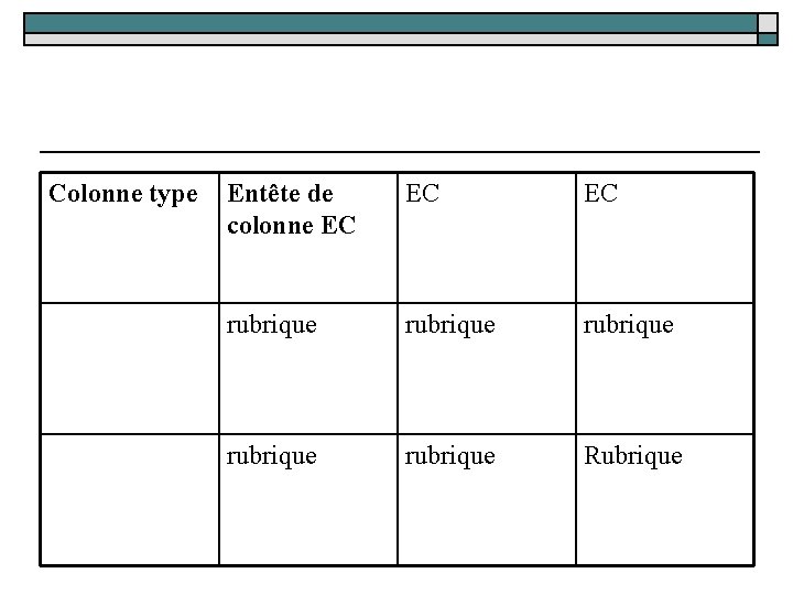 Colonne type Entête de colonne EC EC EC rubrique rubrique Rubrique 