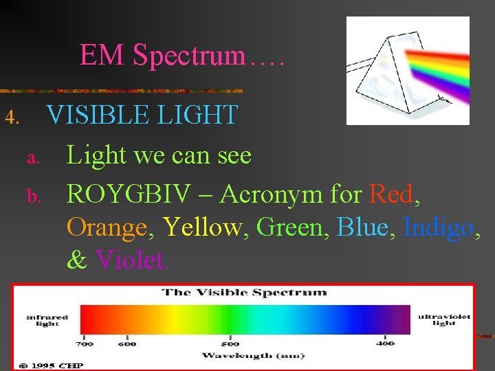EM Spectrum…. 4. VISIBLE LIGHT a. Light we can see b. ROYGBIV – Acronym