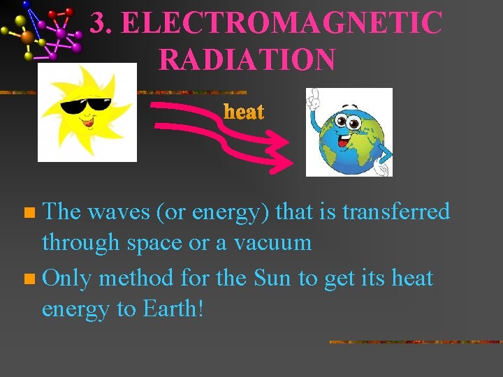 3. ELECTROMAGNETIC RADIATION heat The waves (or energy) that is transferred through space or