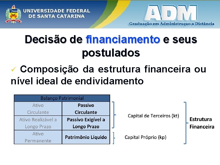 Decisão de financiamento e seus postulados Composição da estrutura financeira ou nível ideal de Decisão de financiamento e seus postulados Composição da estrutura financeira ou nível ideal de