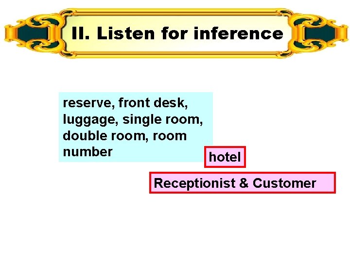 II. Listen for inference reserve, front desk, luggage, single room, double room, room number II. Listen for inference reserve, front desk, luggage, single room, double room, room number