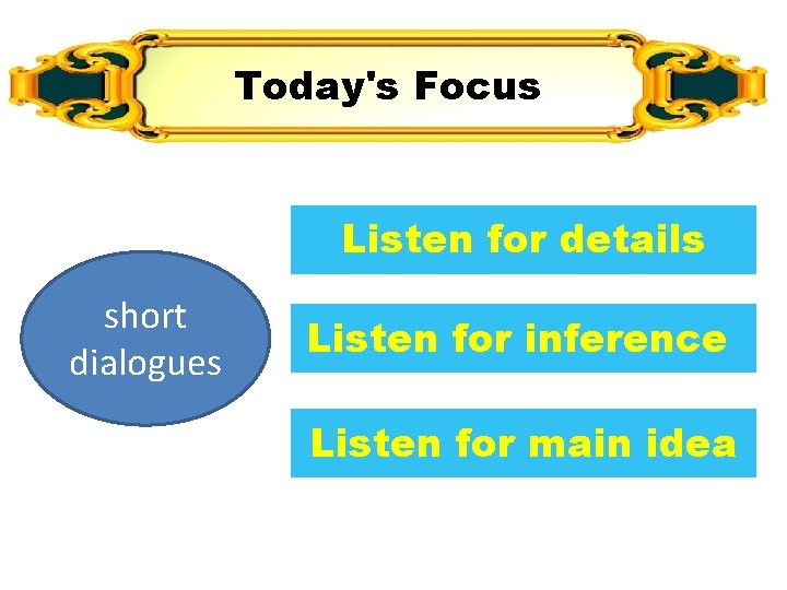 Today's Focus Listen for details short dialogues Listen for inference Listen for main idea Today's Focus Listen for details short dialogues Listen for inference Listen for main idea