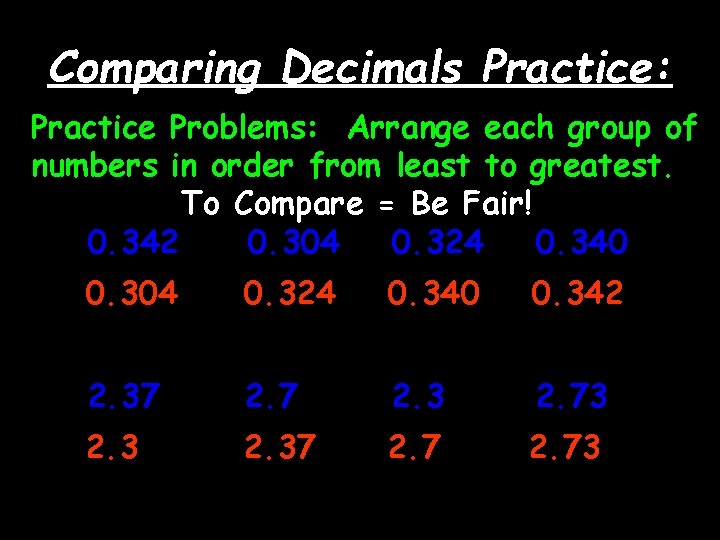 Comparing Decimals Practice: Practice Problems: Arrange each group of numbers in order from least
