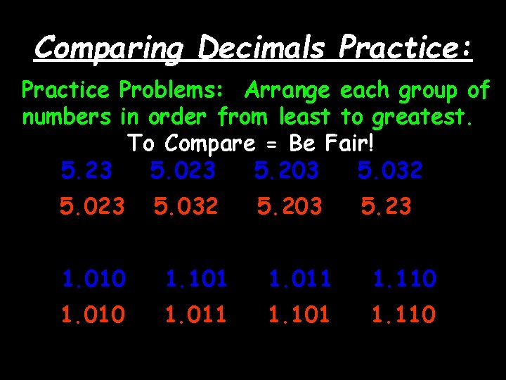 Comparing Decimals Practice: Practice Problems: Arrange each group of numbers in order from least