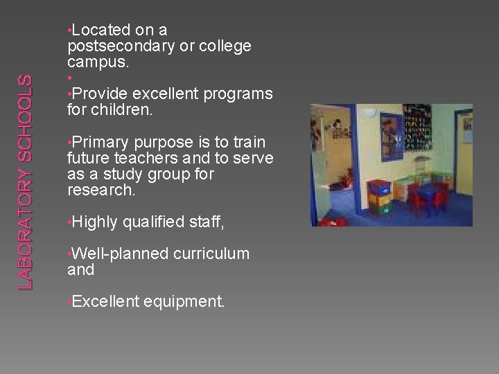 on a postsecondary or college campus. LABORATORY SCHOOLS • Located • • Provide excellent on a postsecondary or college campus. LABORATORY SCHOOLS • Located • • Provide excellent