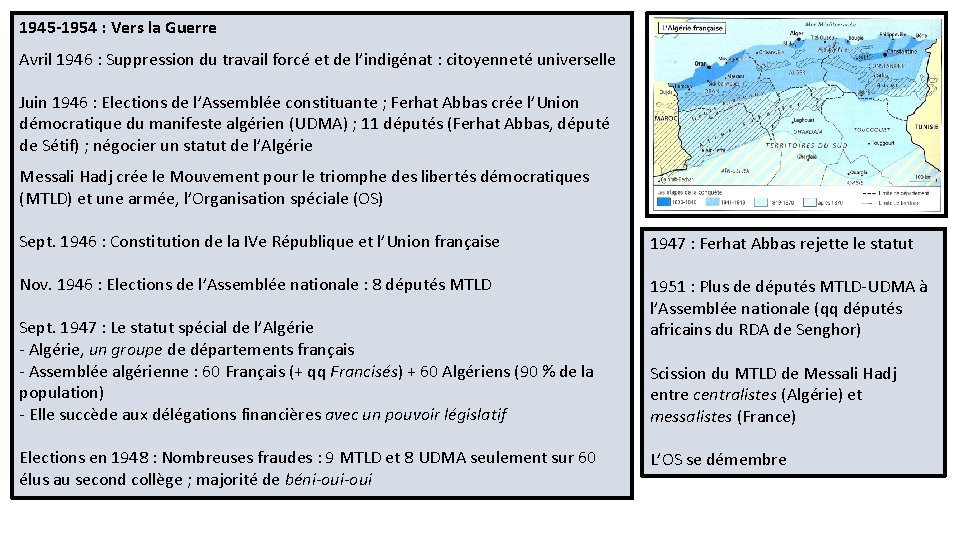 1945 -1954 : Vers la Guerre Avril 1946 : Suppression du travail forcé et