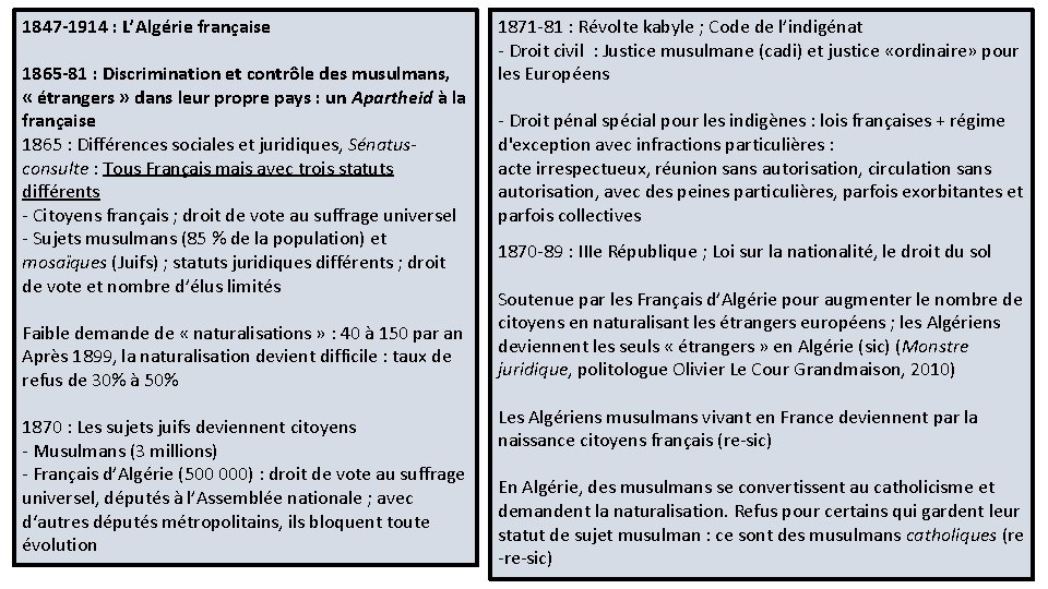 1847 -1914 : L’Algérie française 1865 -81 : Discrimination et contrôle des musulmans, «