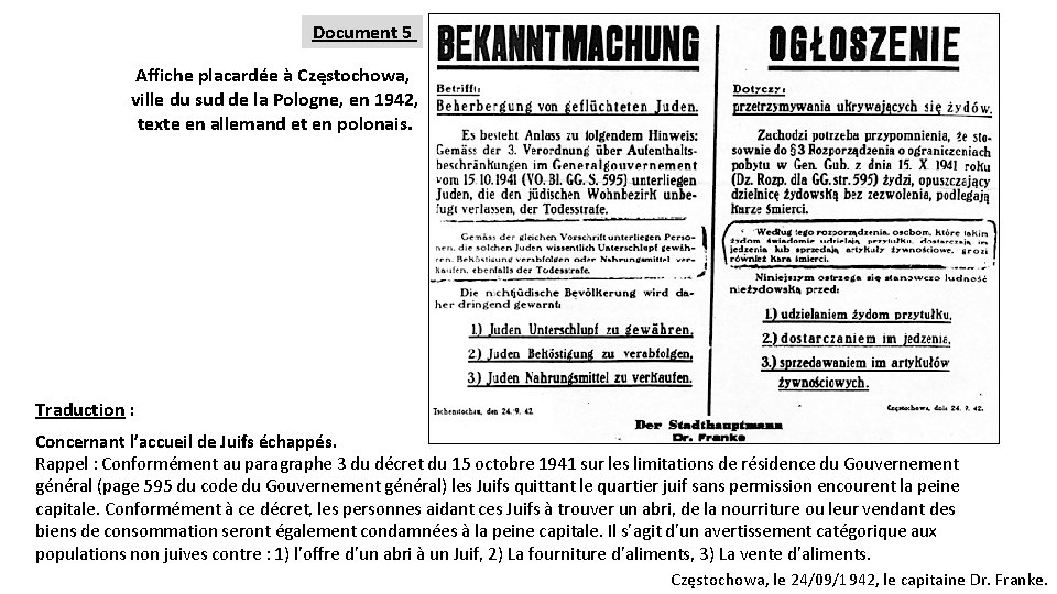 Document 5 Affiche placardée à Częstochowa, ville du sud de la Pologne, en 1942,