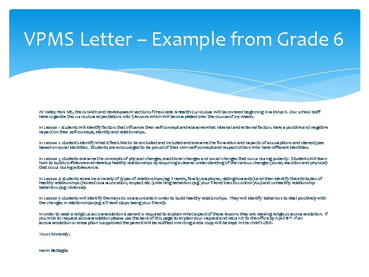 VPMS Letter – Example from Grade 6 At Valley Park MS, the Growth and