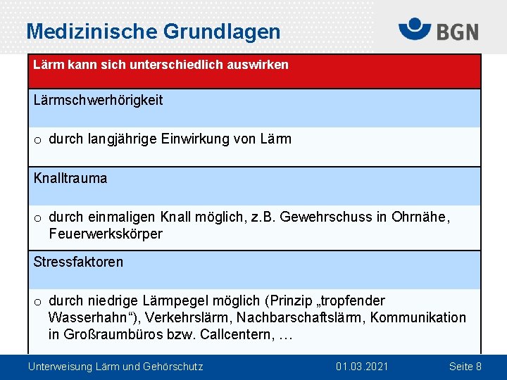 Medizinische Grundlagen Lärm kann sich unterschiedlich auswirken Lärmschwerhörigkeit o durch langjährige Einwirkung von Lärm