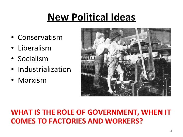 New Political Ideas • • • Conservatism Liberalism Socialism Industrialization Marxism WHAT IS THE