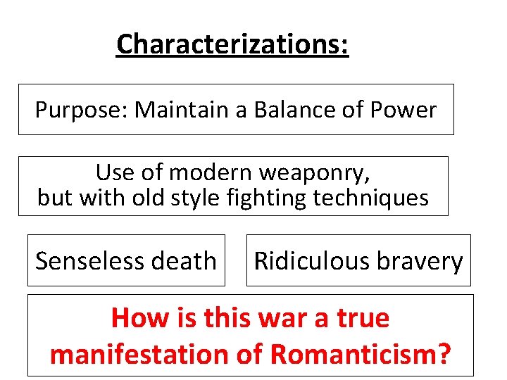 Characterizations: Purpose: Maintain a Balance of Power Use of modern weaponry, but with old