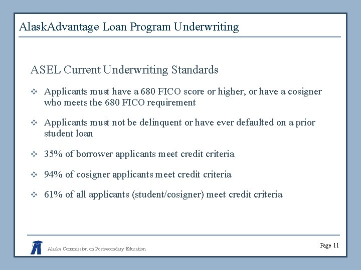 Alask. Advantage Loan Program Underwriting ASEL Current Underwriting Standards v Applicants must have a