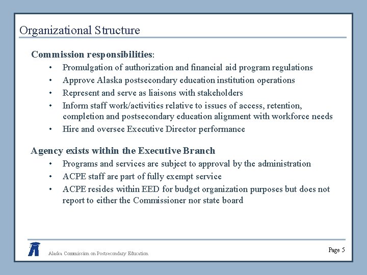 Organizational Structure Commission responsibilities: • • • Promulgation of authorization and financial aid program