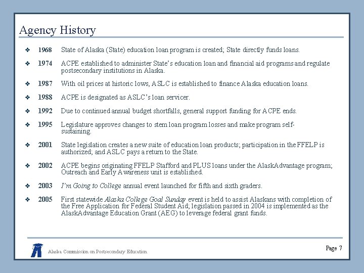 Agency History v 1968 State of Alaska (State) education loan program is created; State