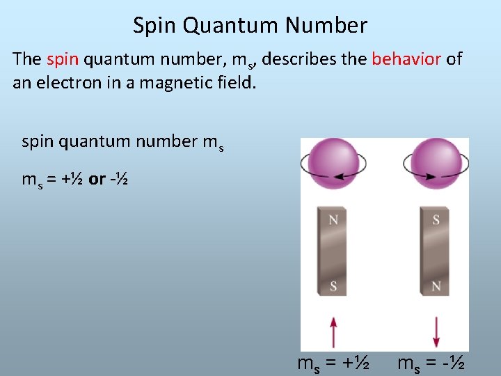 Spin Quantum Number The spin quantum number, ms, describes the behavior of an electron