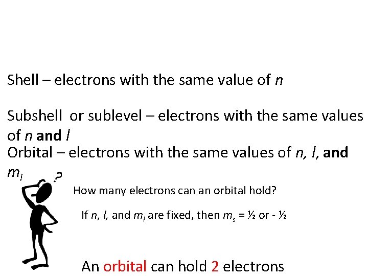 Shell – electrons with the same value of n Subshell or sublevel – electrons