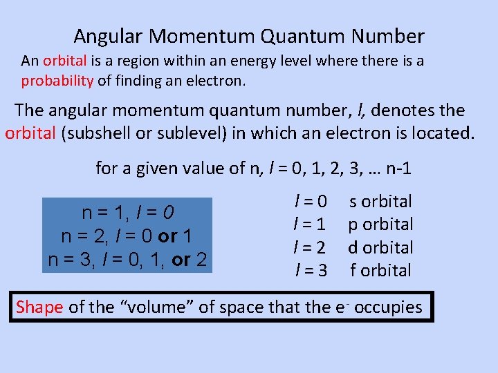 Angular Momentum Quantum Number An orbital is a region within an energy level where