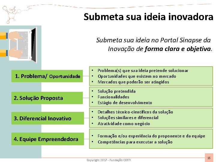 Submeta sua ideia inovadora Submeta sua ideia no Portal Sinapse da Inovação de forma