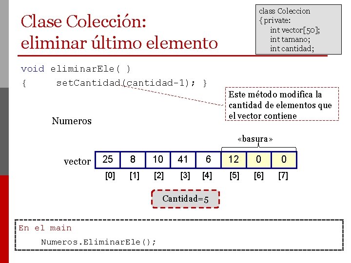 class Coleccion { private: int vector[50]; int tamano; int cantidad; Clase Colección: eliminar último