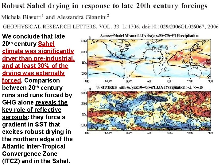 We conclude that late 20 th century Sahel climate was significantly dryer than pre-industrial,