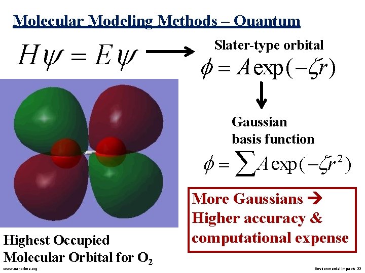 Molecular Modeling Methods – Quantum H E Slater-type orbital Aexp( r) Gaussian basis function