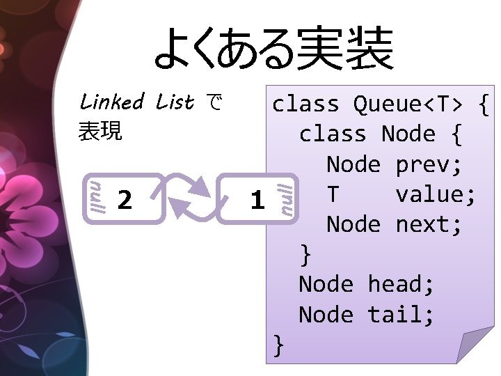 よくある実装 null ２ class Queue<T> { class Node { Node prev; T value; １