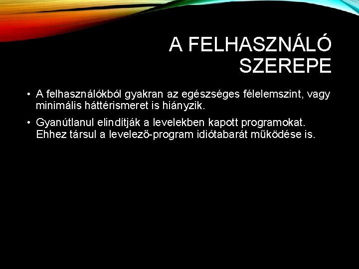 A FELHASZNÁLÓ SZEREPE • A felhasználókból gyakran az egészséges félelemszint, vagy minimális háttérismeret is