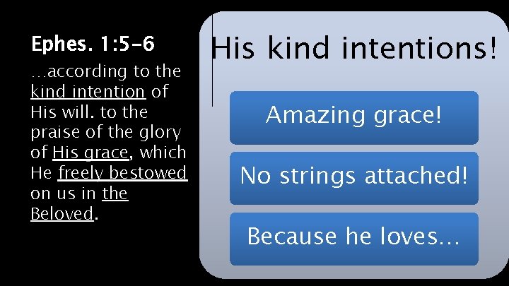 Ephes. 1: 5 -6 …according to the kind intention of His will. to the Ephes. 1: 5 -6 …according to the kind intention of His will. to the