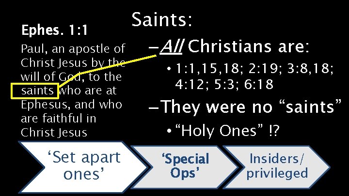 Saints: Ephes. 1: 1 – All Christians are: Paul, an apostle of Christ Jesus