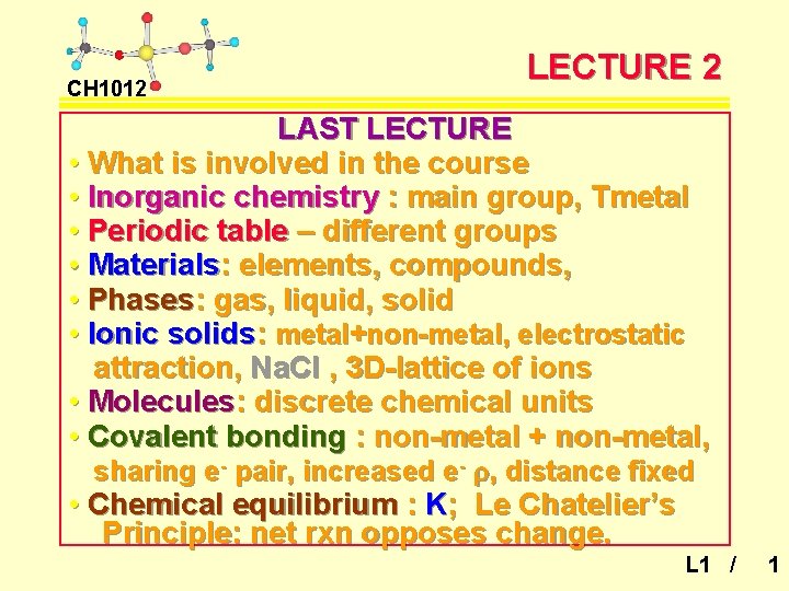 CH 1012 LECTURE 2 LAST LECTURE • What is involved in the course •