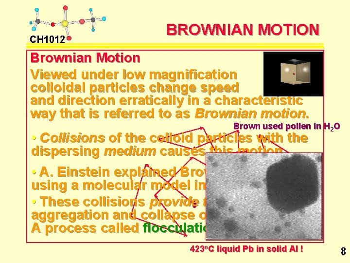 CH 1012 BROWNIAN MOTION Brownian Motion Viewed under low magnification colloidal particles change speed