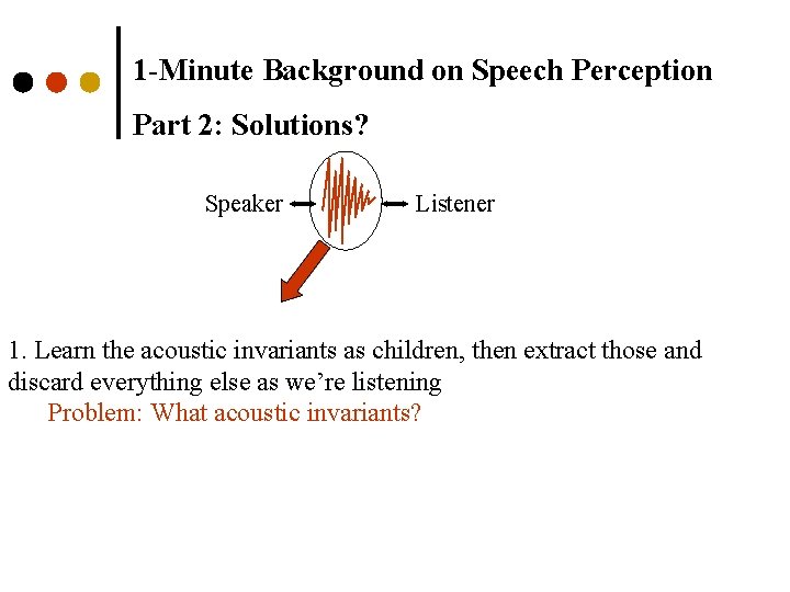 1 -Minute Background on Speech Perception Part 2: Solutions? Speaker Listener 1. Learn the