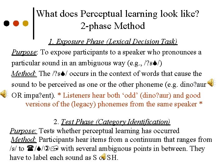 What does Perceptual learning look like? 2 -phase Method 1. Exposure Phase (Lexical Decision