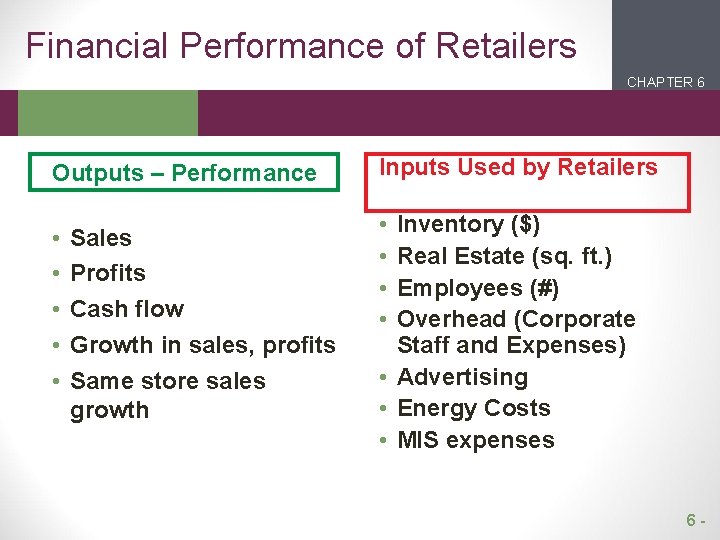 Financial Performance of Retailers CHAPTER 6 2 1 Outputs – Performance • • •