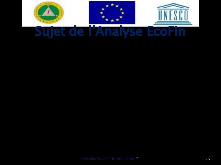 Sujet de l’Analyse Eco. Fin Formation Eco. Fin "Environnement" 12 