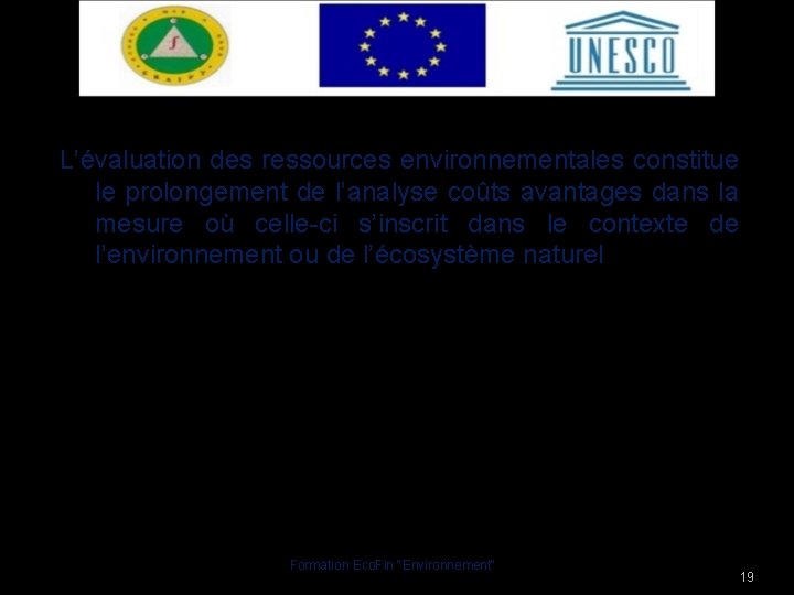 L’évaluation des ressources environnementales constitue le prolongement de l’analyse coûts avantages dans la mesure