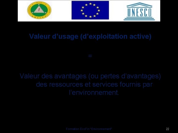 Valeur d’usage (d’exploitation active) = Valeur des avantages (ou pertes d’avantages) des ressources et