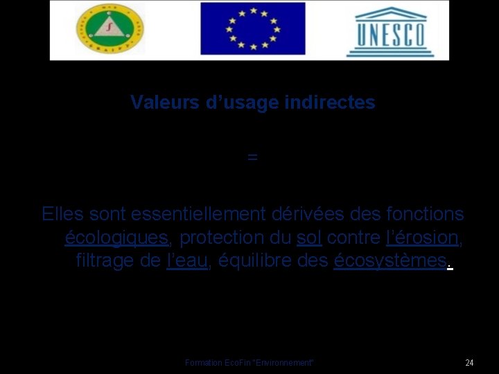 Valeurs d’usage indirectes = Elles sont essentiellement dérivées des fonctions écologiques, protection du sol