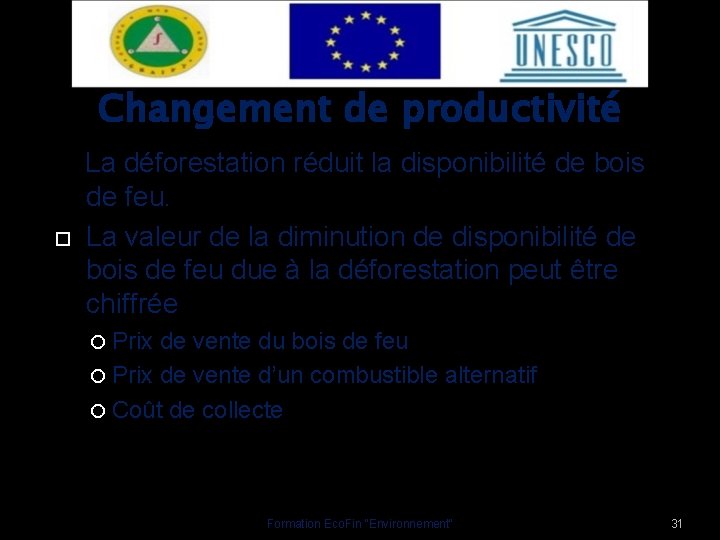 Changement de productivité La déforestation réduit la disponibilité de bois de feu. La valeur