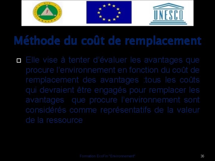 Méthode du coût de remplacement Elle vise à tenter d’évaluer les avantages que procure