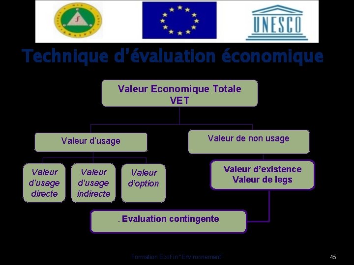 Technique d’évaluation économique Valeur Economique Totale VET Valeur de non usage Valeur d’usage directe