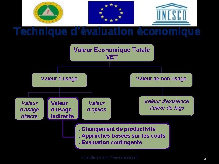 Technique d’évaluation économique Valeur Economique Totale VET Valeur de non usage Valeur d’usage directe