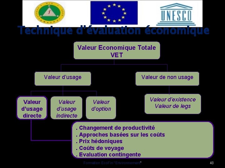 Technique d’évaluation économique Valeur Economique Totale VET Valeur d’usage directe Valeur d’usage indirecte Valeur